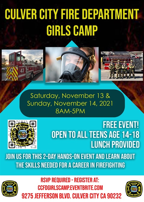 CCFD Girls Camp 11/13 & 11/14/2021 8 AM – 5 PM. Free & open to all teens ages 14-18. Lunch provided. Join us for this 2-day hands-on event & learn about the skills needed for a career in firefighting.  RSVP required. ccfdgirlscamp.eventbrite.com